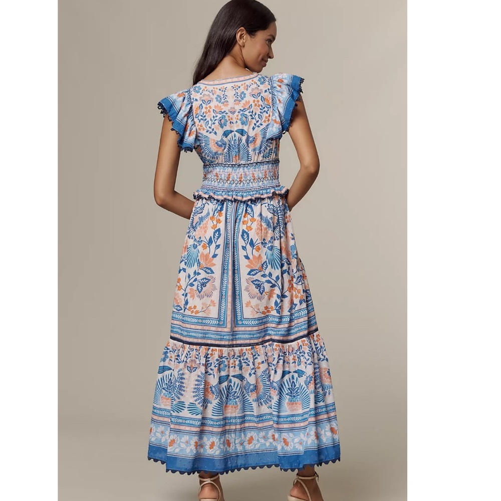 FARM Rio x Anthropologie V-Neck Maxi Dress Size Small NWT Blue Orange Bird Print - Picture 2 of 13